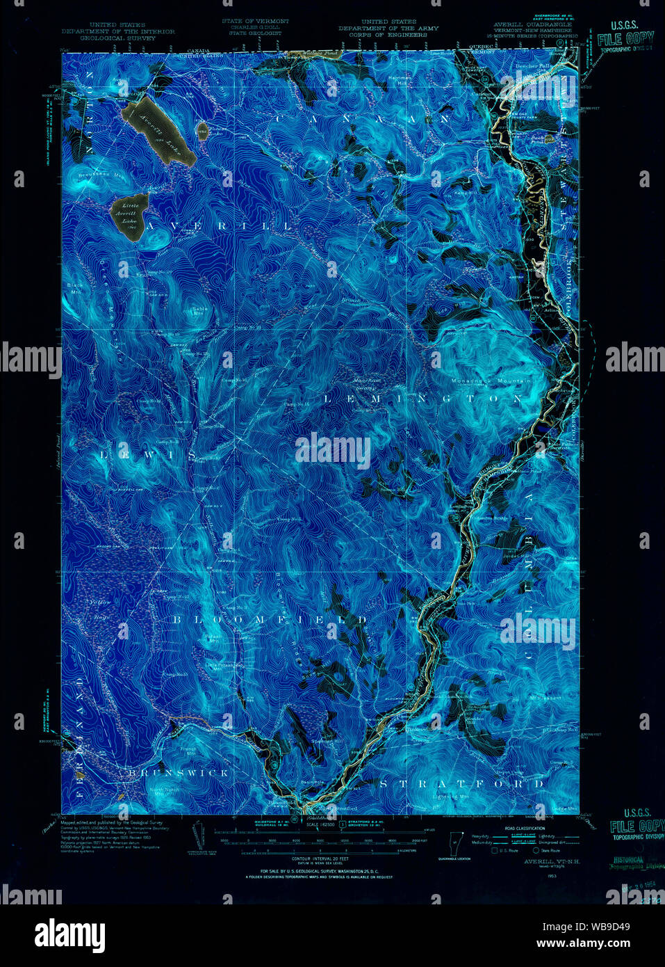 USGS Topo Map Vermont VT Averill 337828 1953 62500 Inverted Restoration ...