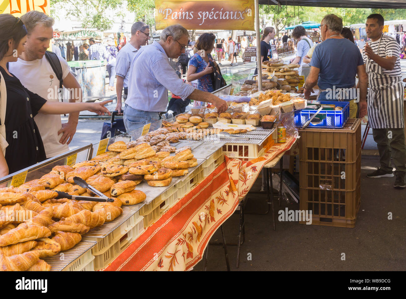 Paris food market French pastry and baguette sold at a Paris market