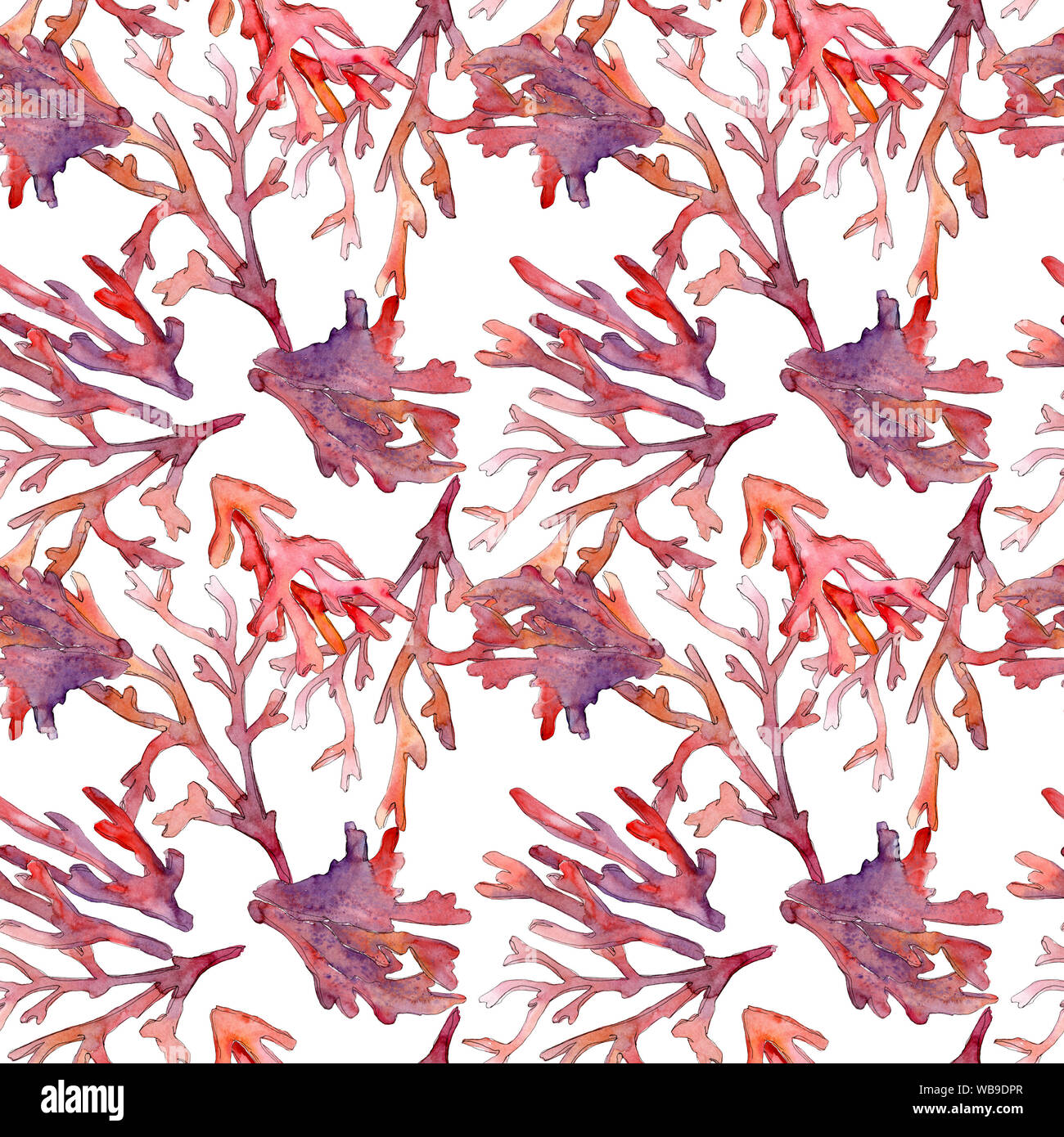 Red aquatic underwater nature coral reef. Watercolor background illustration set. Seamless background pattern. Stock Photo