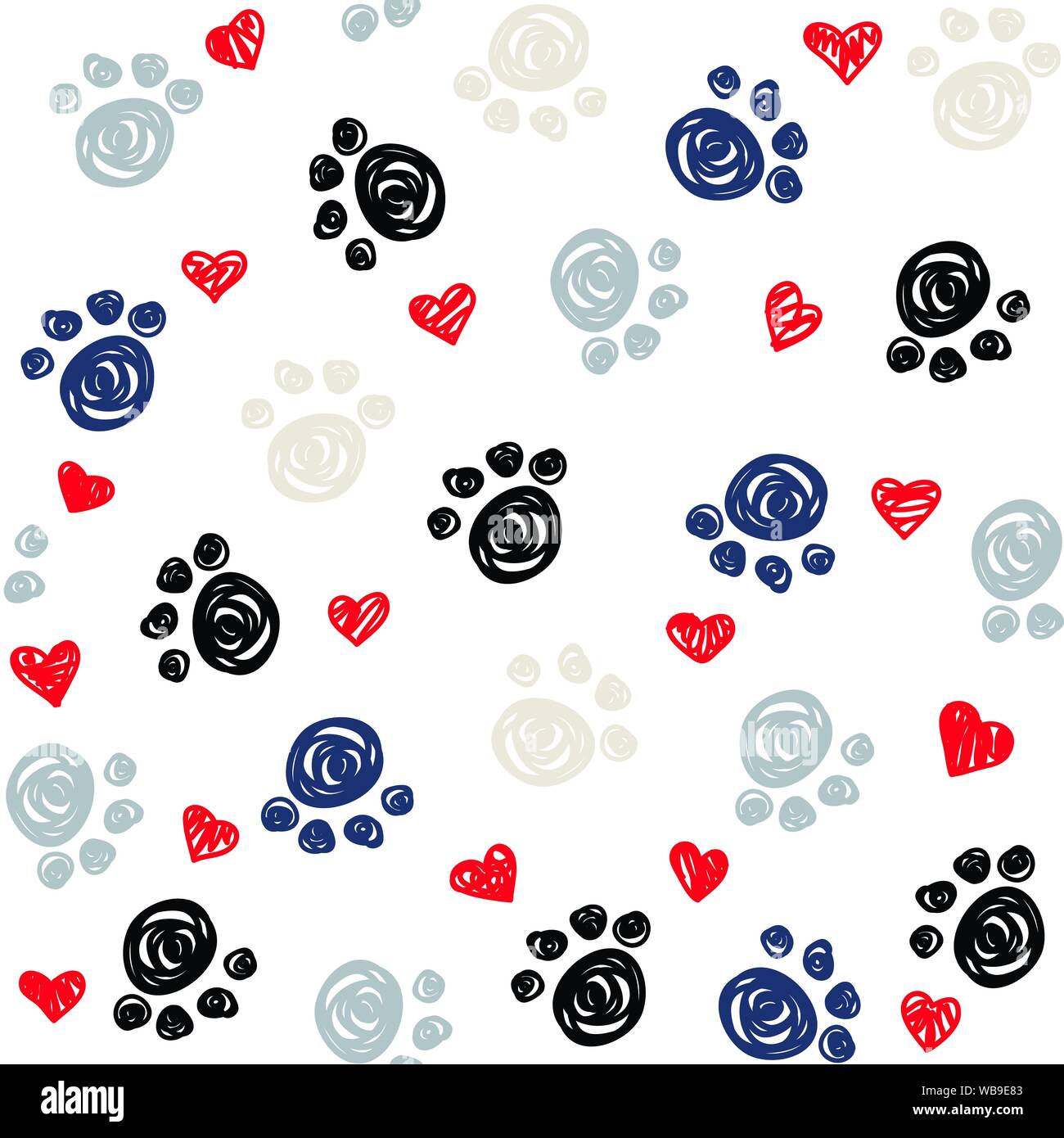 Seamless background with heart and footprint, paws Stock Vector