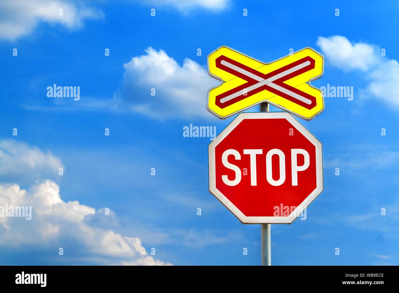 Warning Sign Worn Of Level Crossing Without Barriers In Czech Republic Blue Sky With Clouds Transport By Rail Danger Stock Photo Alamy Warning Sign Worn Of Level Crossing Without Barriers In Czech Republic Blue Sky With Clouds Transport By Rail Danger Stock Photo Alamy