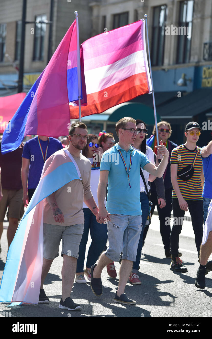 Pride Cymru’s Big Weekend is Wales’s biggest celebration of equality and diversity.  Pride Cymru hosts over 50,000 people in Cardiff during Pride 2019 Stock Photo