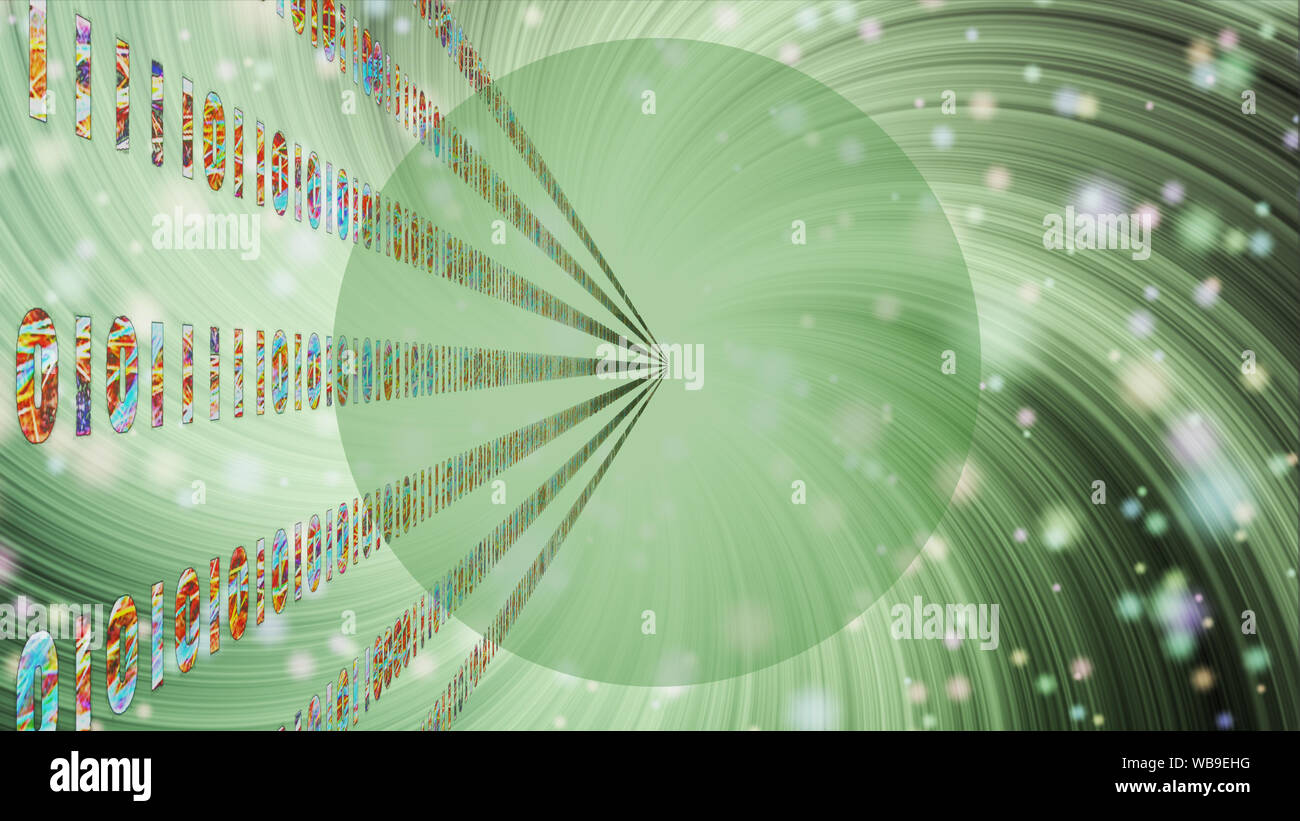 Abstract binary digits illustration. Concept of computing or rendering process, technology, science, space, AI or science fiction. Stock Photo