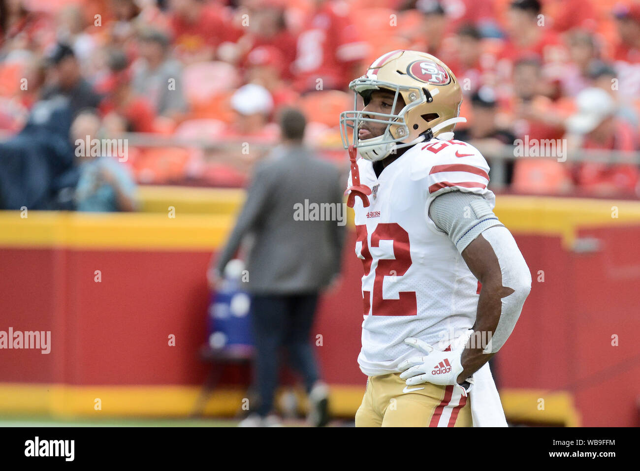 Aug 24, 2019: During pregame warm-ups running back Matt Breida (22) of the San Francisco 49ers runs through drills in the week 3 preseason game where the San Fransisco 49ers visited the Kansas City Chiefs held at Arrowhead Stadium in Kansas City, MO Richard Ulreich/CSM Stock Photo