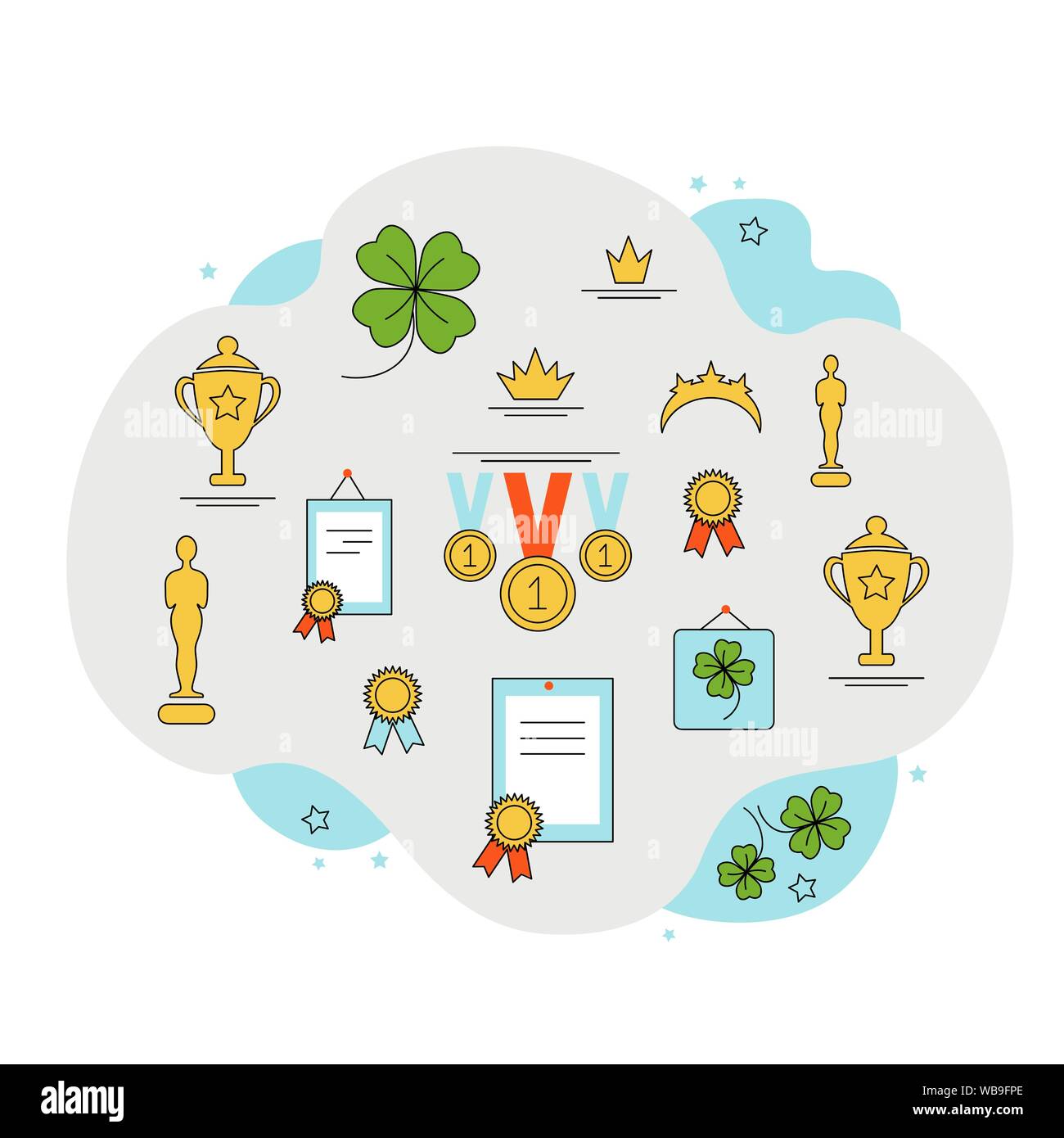 Vector illustration, luck symbol clover, sports awards, cup, medal, diploma, badge, diploma, crown, oscar on the shelves. The concept of competition, Stock Vector