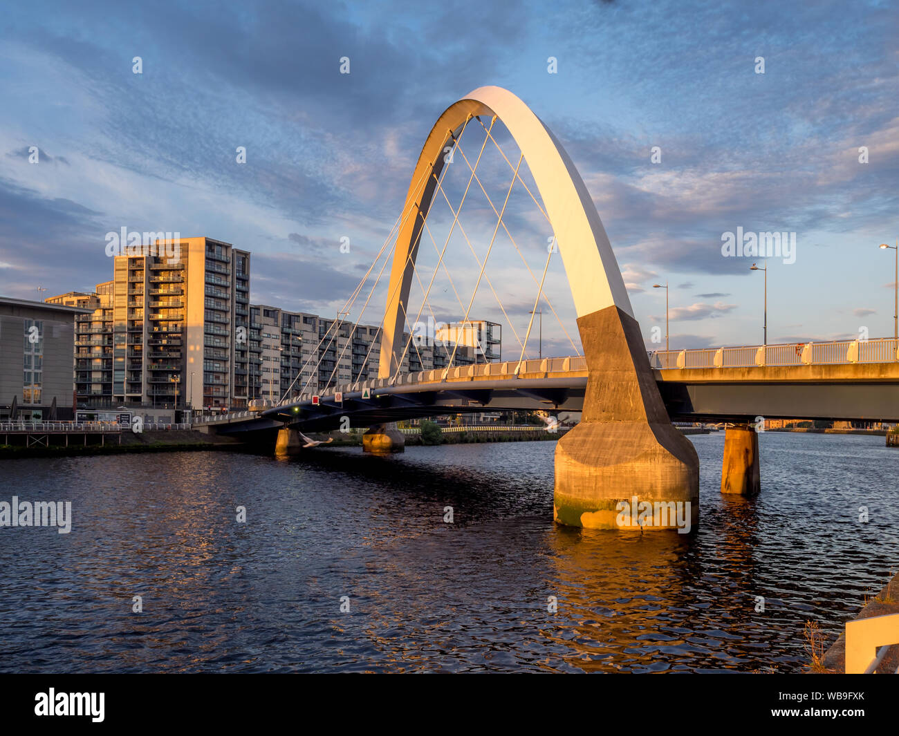 The River Clyde with the Clyde Arc Bridge on July 21, 2017 in Glasgow, Scotland. Glaswegians call the Clyde Arc the squinty bridge due to its meanderi Stock Photo