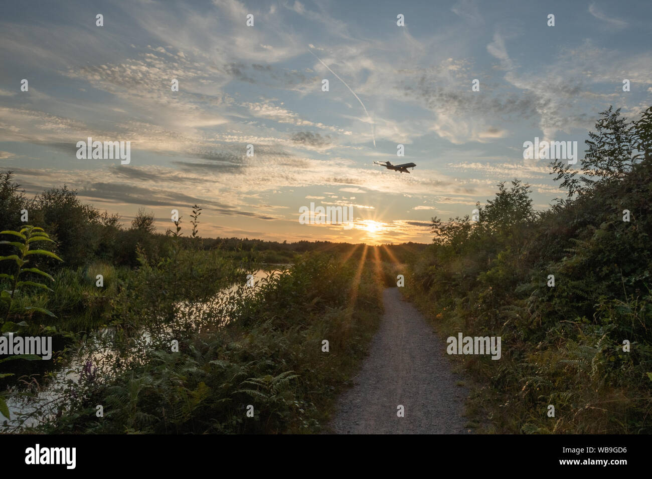 Airplane coming in over the Basingstoke Canal to land at Farnborough Airport at sunset, Hampshire, UK Stock Photo