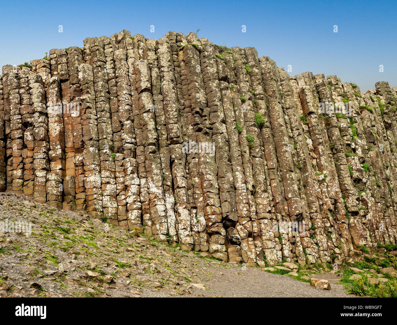 Giant’s Causeway,  Northern Ireland, UK. Unique natural hexagonal and pentagonal geological formations of volcanic basalt rocks, forming vertical pole Stock Photo