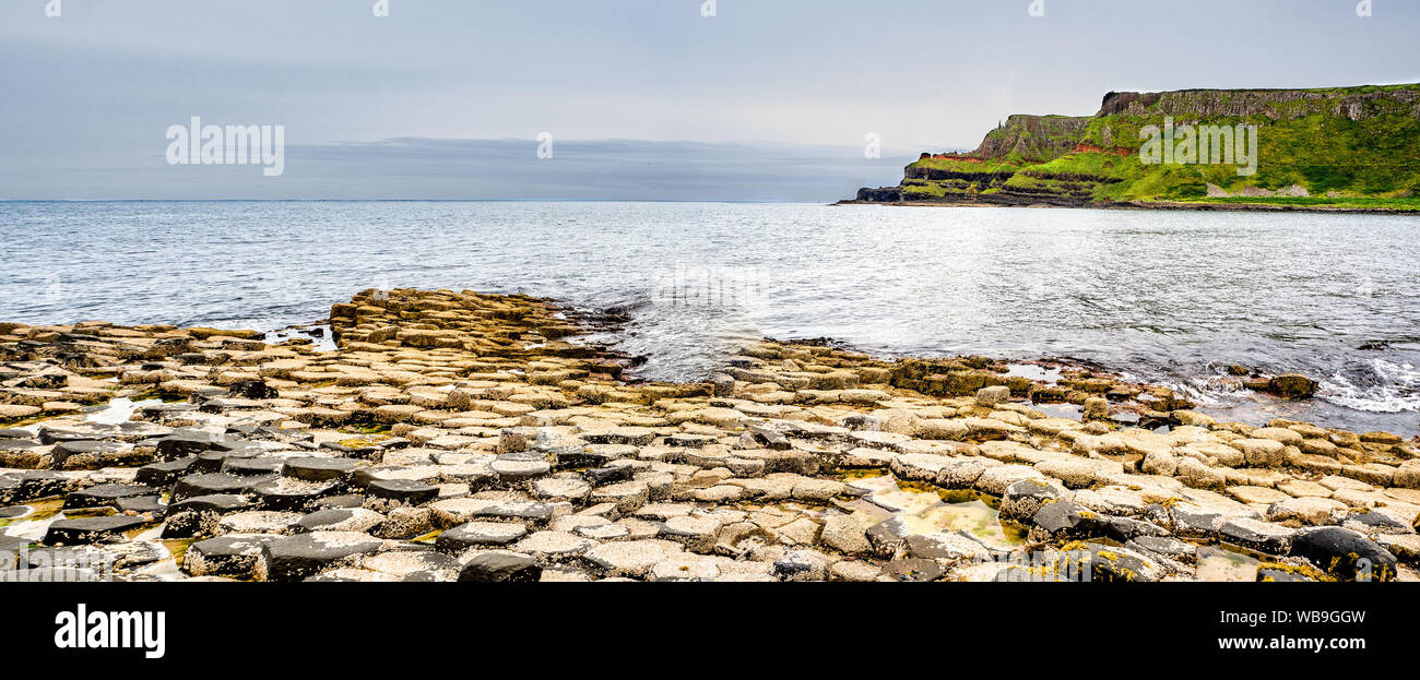Giant’s Causeway, Northern Ireland, UK. Panorama of unique hexagonal and pentagonal geological formations of volcanic basalt rocks, covered by barnac Stock Photo