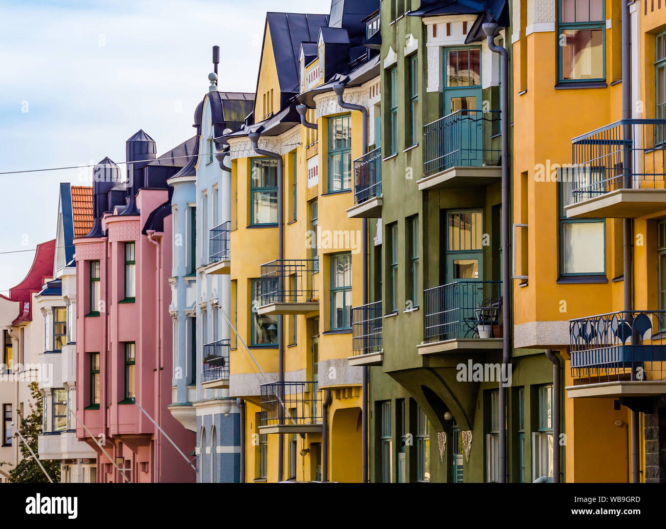 Helsinki, Finland, August 10, 2019 Colorful houses along the most