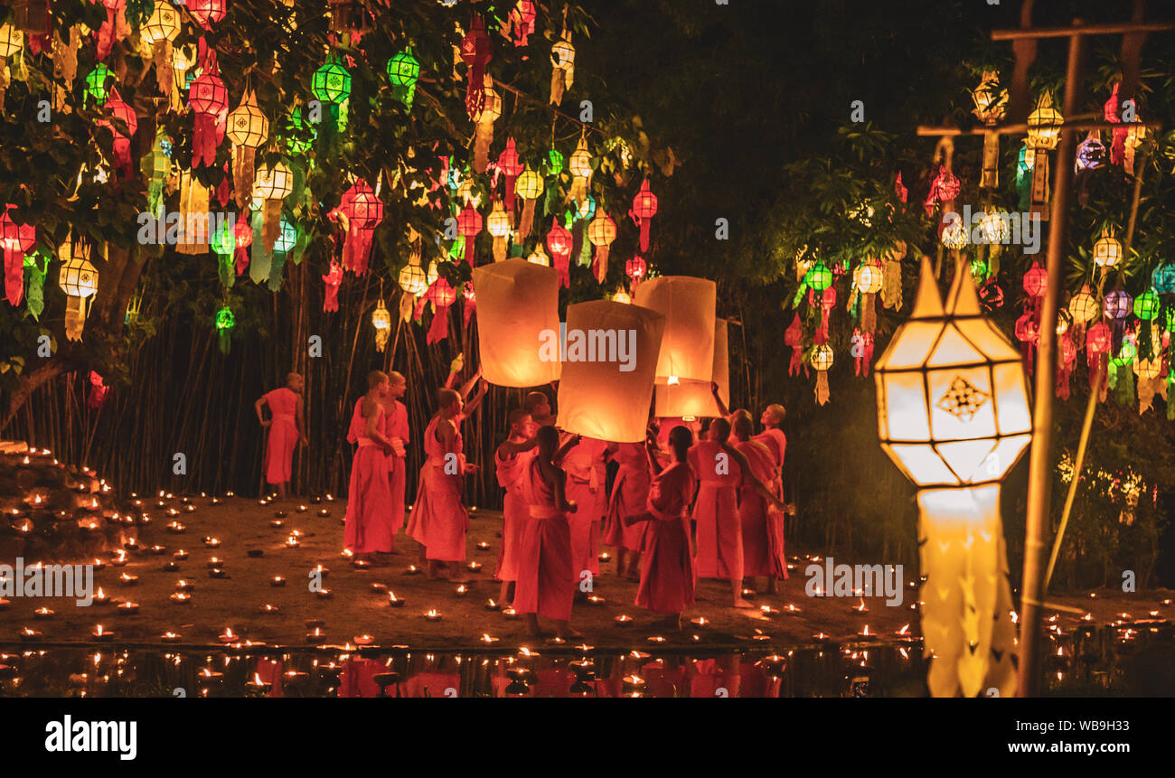 Lanterns festival, Yee Peng and Loy Khratong in Chiang Mai in Thailand
