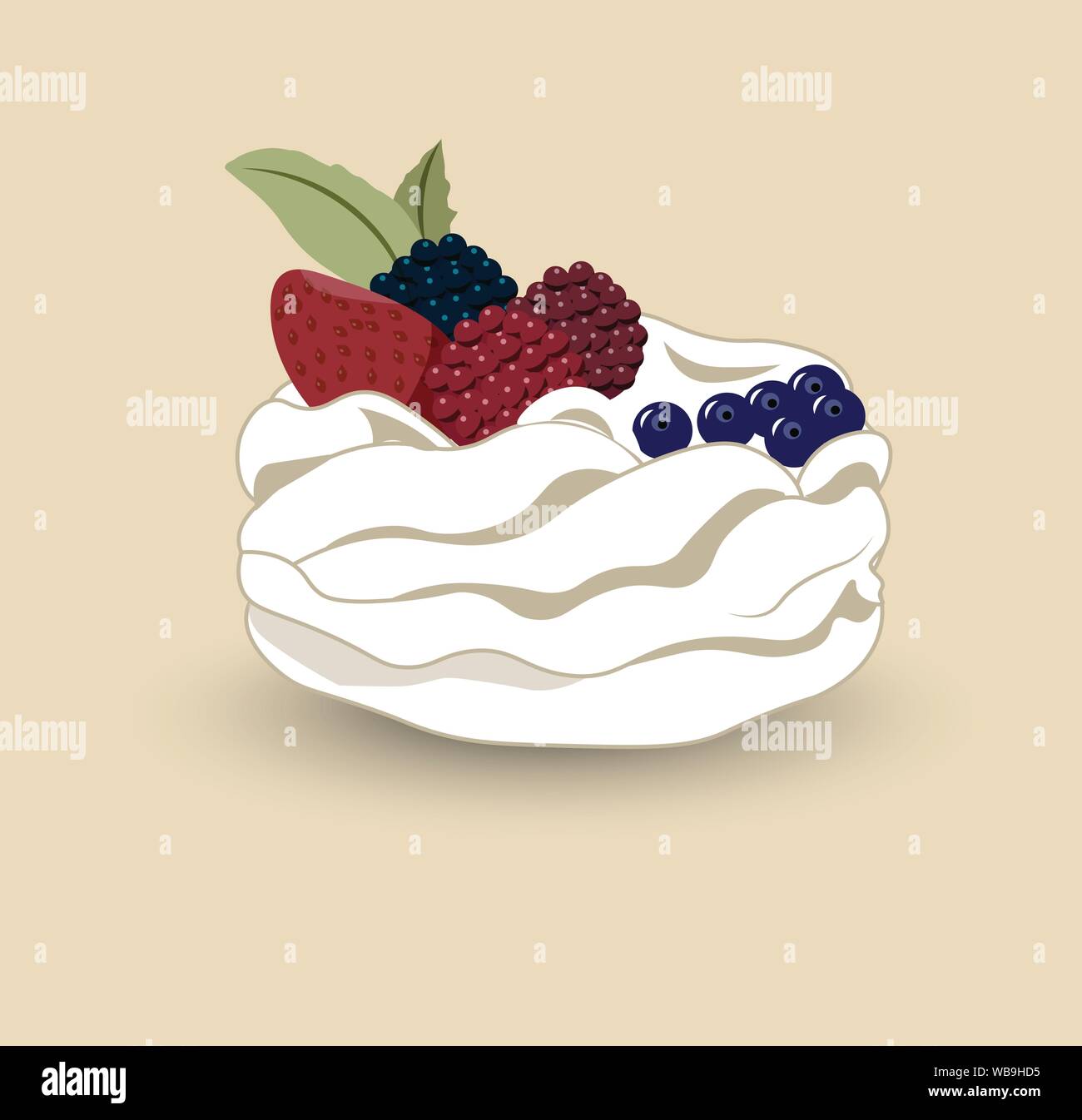 Pavlova is a meringue-based dessert with a fresh berries, named after the Russian ballerina Anna Pavlova. Stock Vector