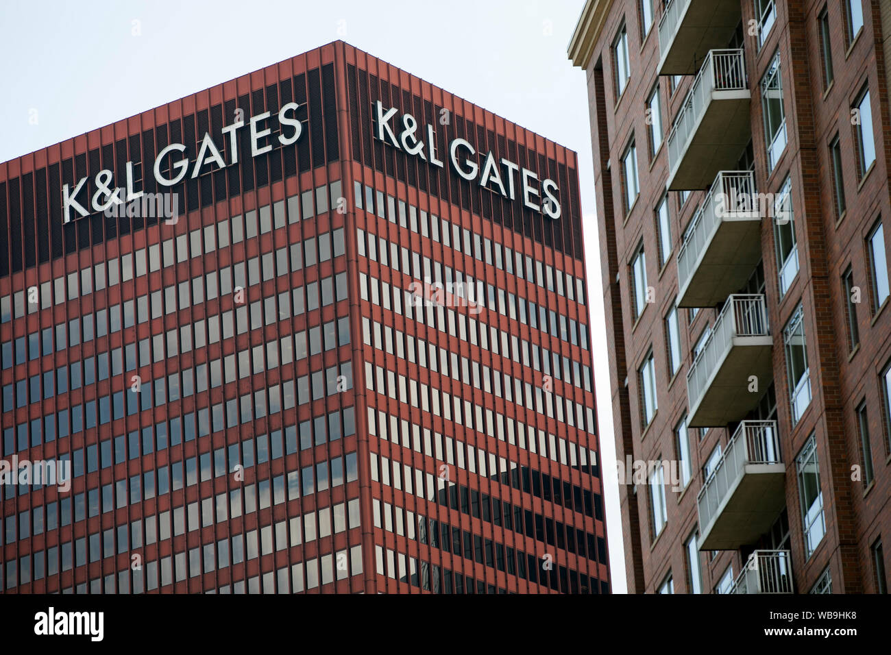A logo sign outside of the headquarters of K&L Gates LLP in Pittsburgh, Pennsylvania on August 8, 2019. Stock Photo