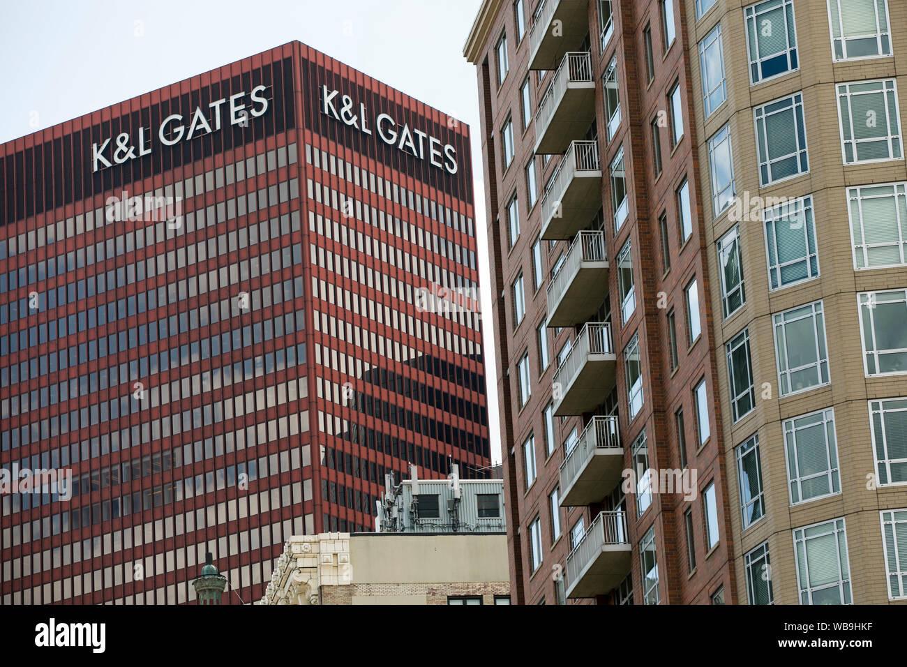 A logo sign outside of the headquarters of K&L Gates LLP in Pittsburgh, Pennsylvania on August 8, 2019. Stock Photo