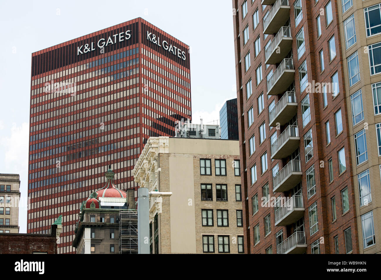 A logo sign outside of the headquarters of K&L Gates LLP in Pittsburgh, Pennsylvania on August 8, 2019. Stock Photo