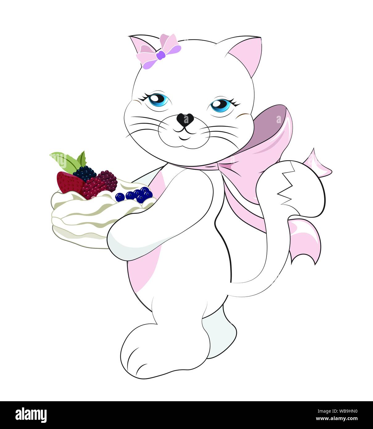 lovely white cat the girl, with a pink bow and a dessert Anna Pavlova Stock Vector