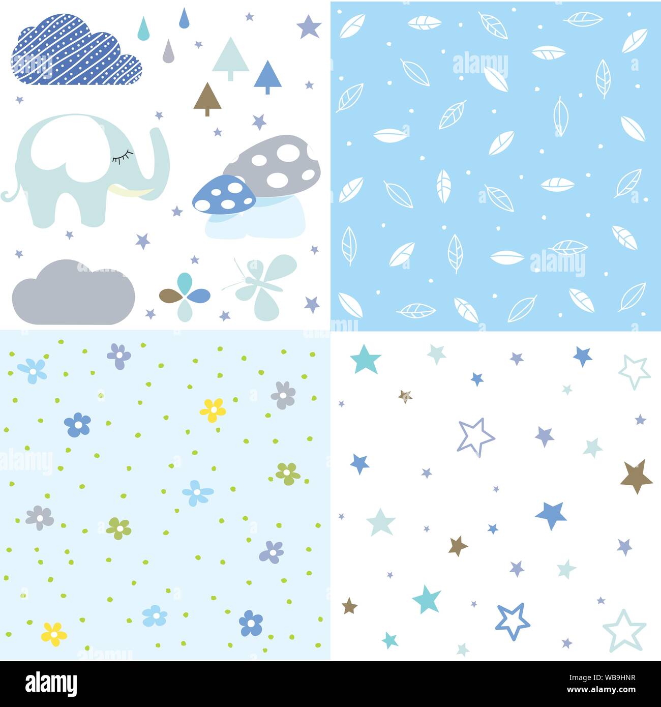Set of baby shower patterns. Seamless pattern vector. Baby elephant vector set. Graphic design elements Stock Vector