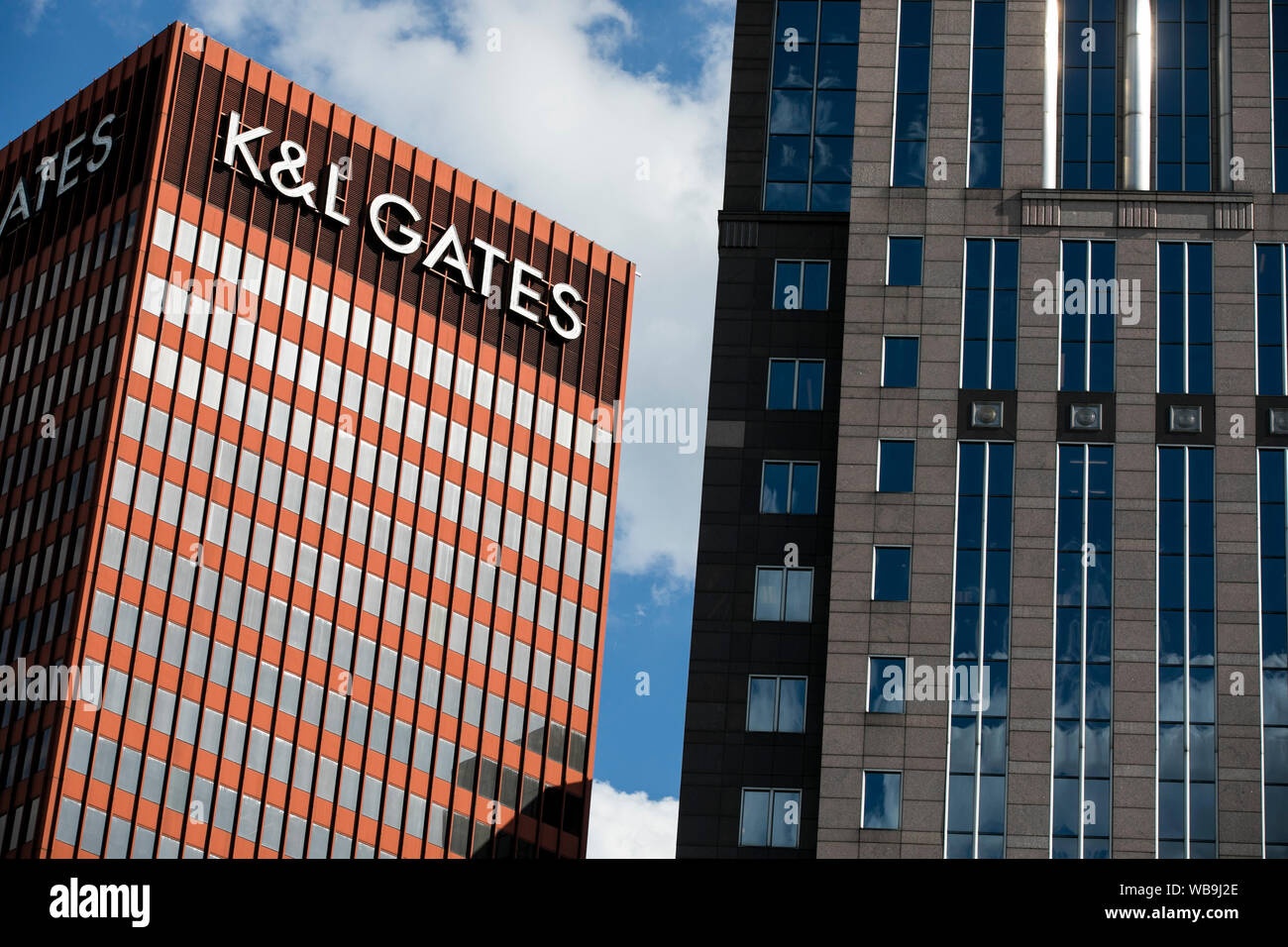 A logo sign outside of the headquarters of K&L Gates LLP in Pittsburgh, Pennsylvania on August 9, 2019. Stock Photo