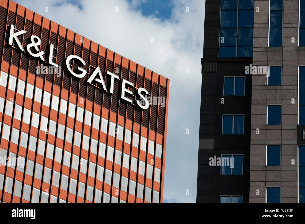 A logo sign outside of the headquarters of K&L Gates LLP in Pittsburgh, Pennsylvania on August 9, 2019. Stock Photo