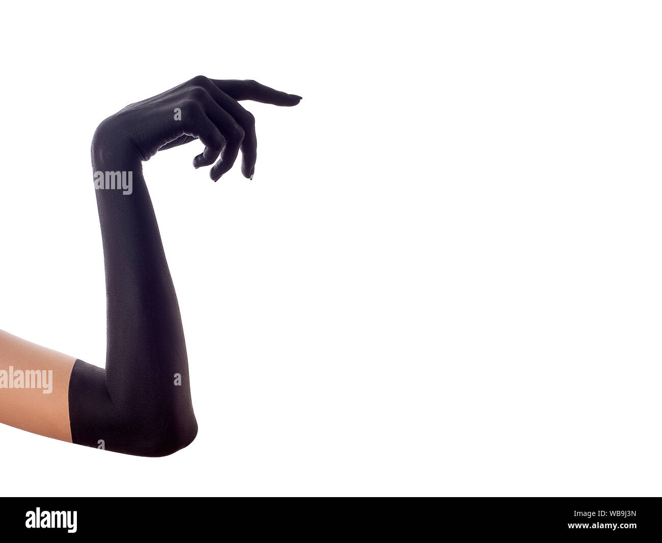 female hand painted in black color point aside isolated on white ...