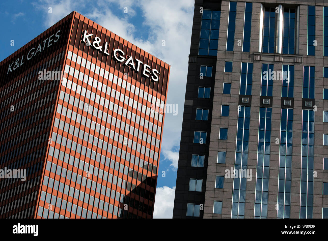 A logo sign outside of the headquarters of K&L Gates LLP in Pittsburgh, Pennsylvania on August 9, 2019. Stock Photo