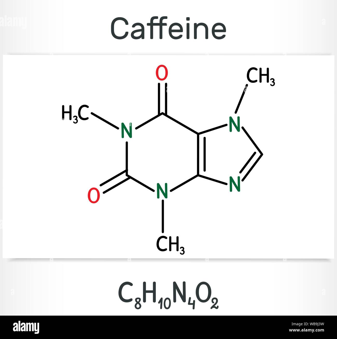 Caffeine alkaloid molecule. Structural chemical formula and molecule model. Vector illustration Stock Vector