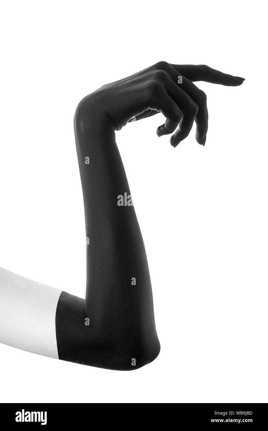 female hand painted in black color point aside isolated on white ...