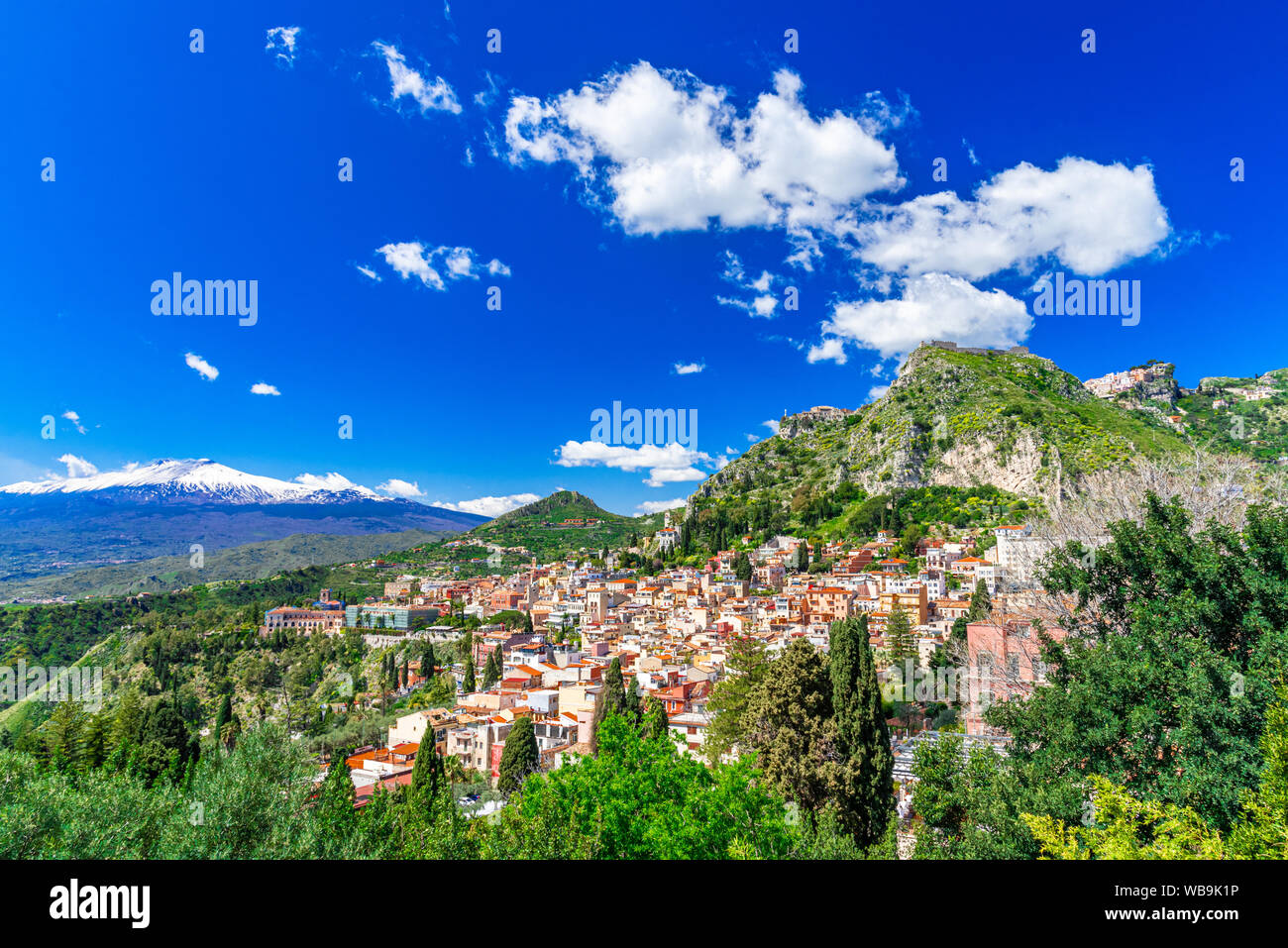 Taormina, Sicily, Italy: Panoramic view from the top of the Greek Theater, Giardini-Naxos with the Etna and Taormina Stock Photo
