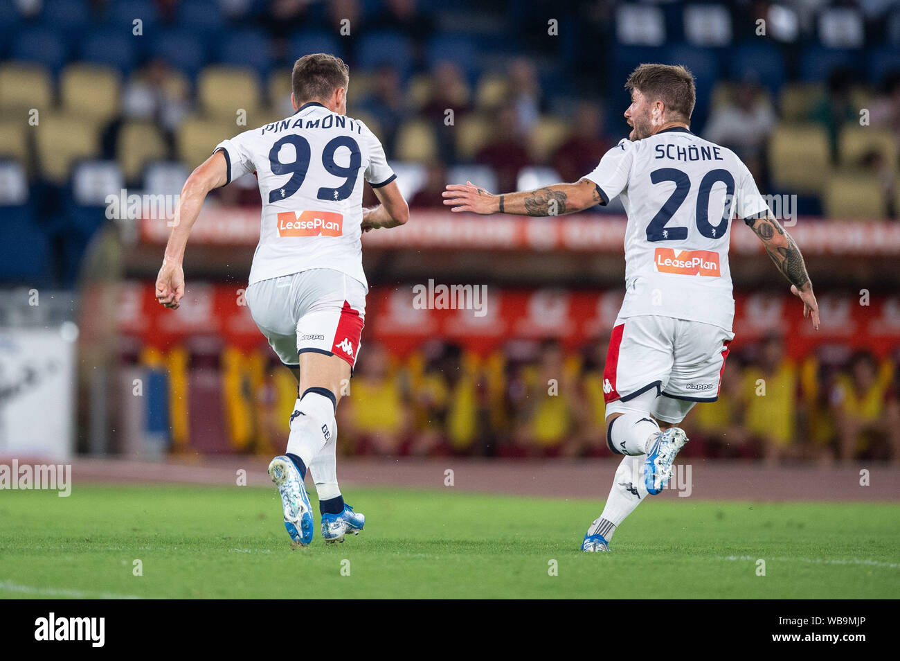 Rome, Italy. 25th Aug, 2019. Andrea Pinamonti of Genoa FC celebrates  scoring first goal with Lasse Schone of Genoa FC during the Serie A match  between Roma and Genoa at Stadio Olimpico,