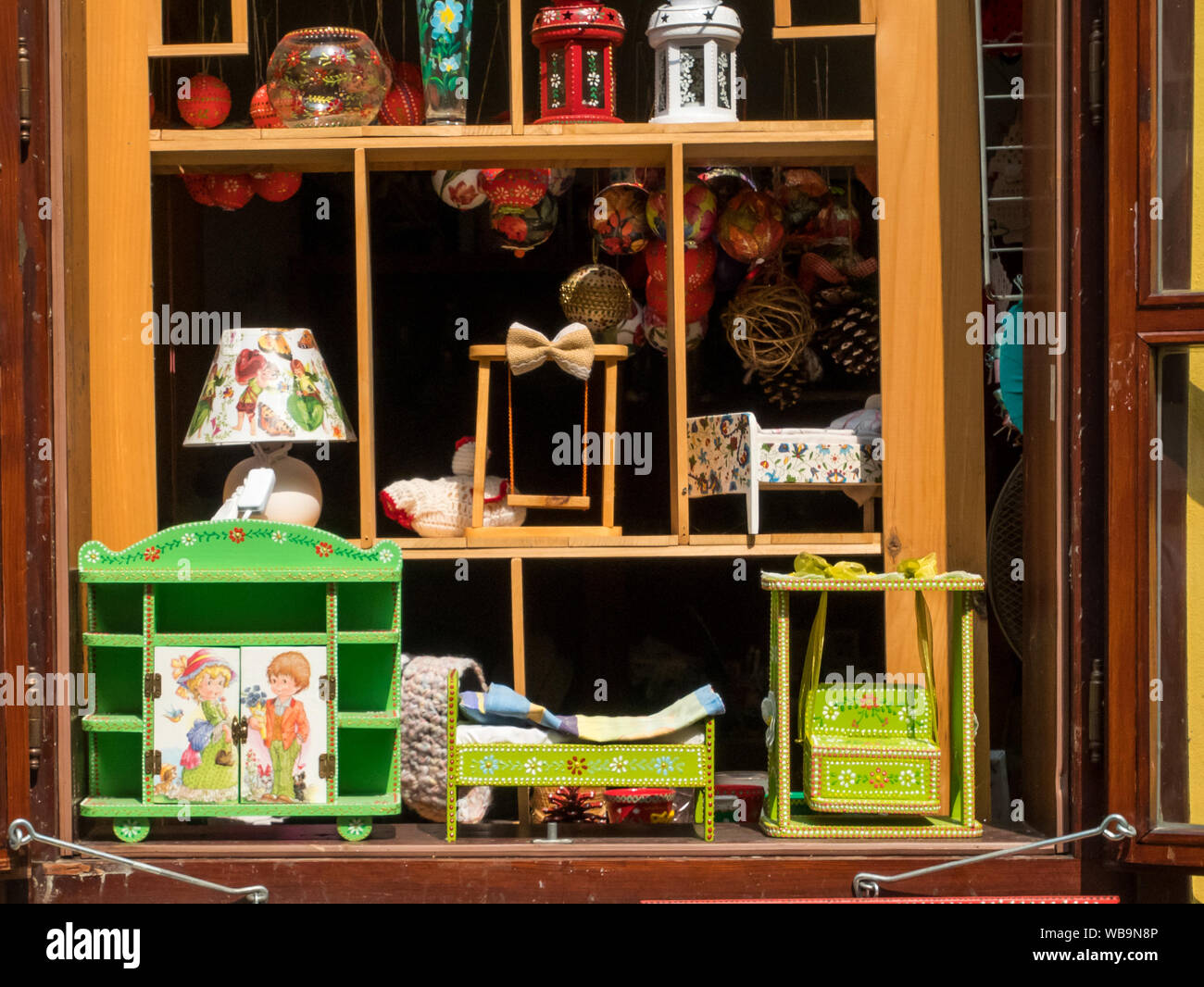 Open window with wooden products for sale on the flee market. Spancirfest 2019, Varazdin, Croatia Stock Photo