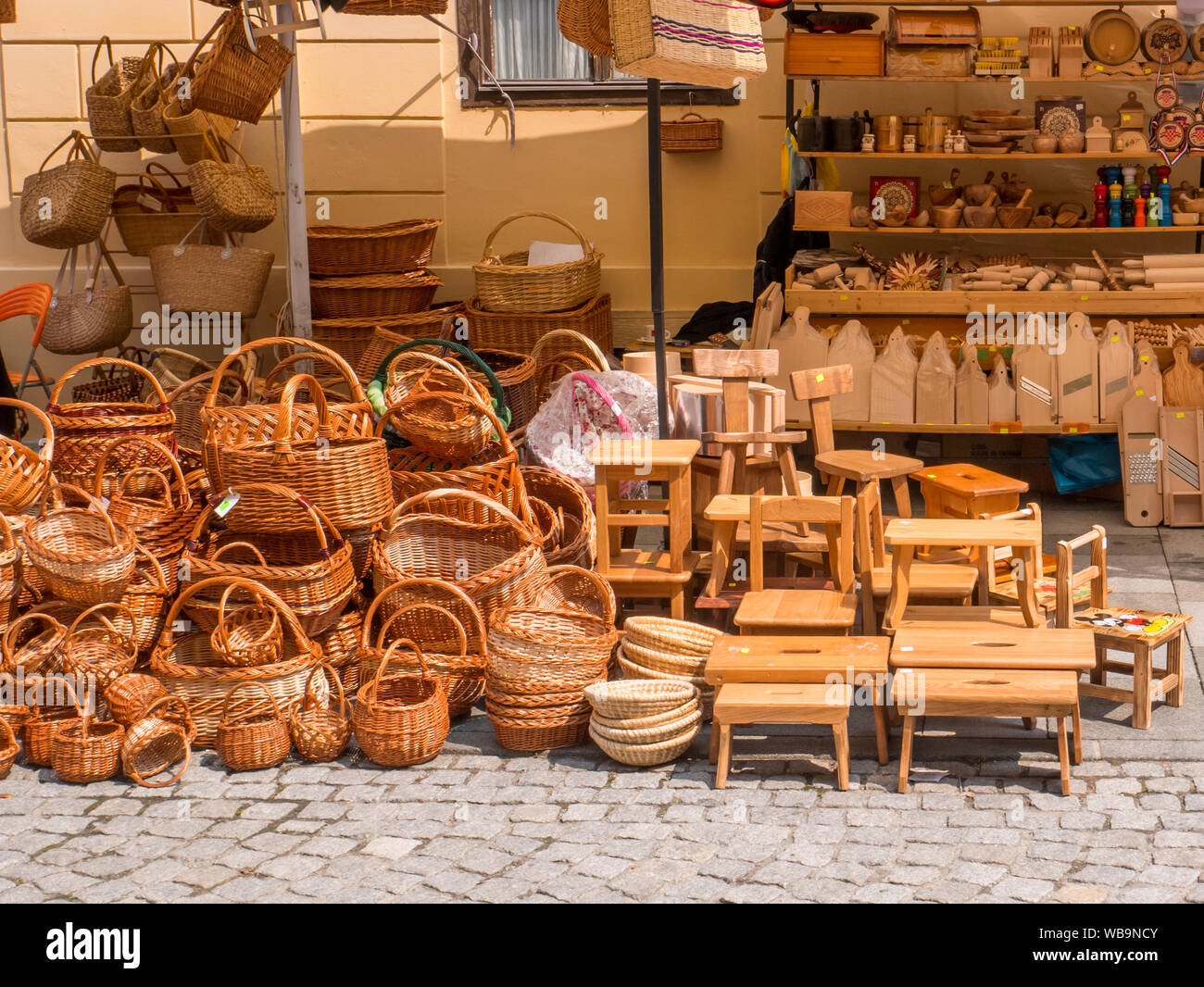 Wood and wicker products for sale. Booth on Sancirfest 2019, Varazdin, Croatia Stock Photo