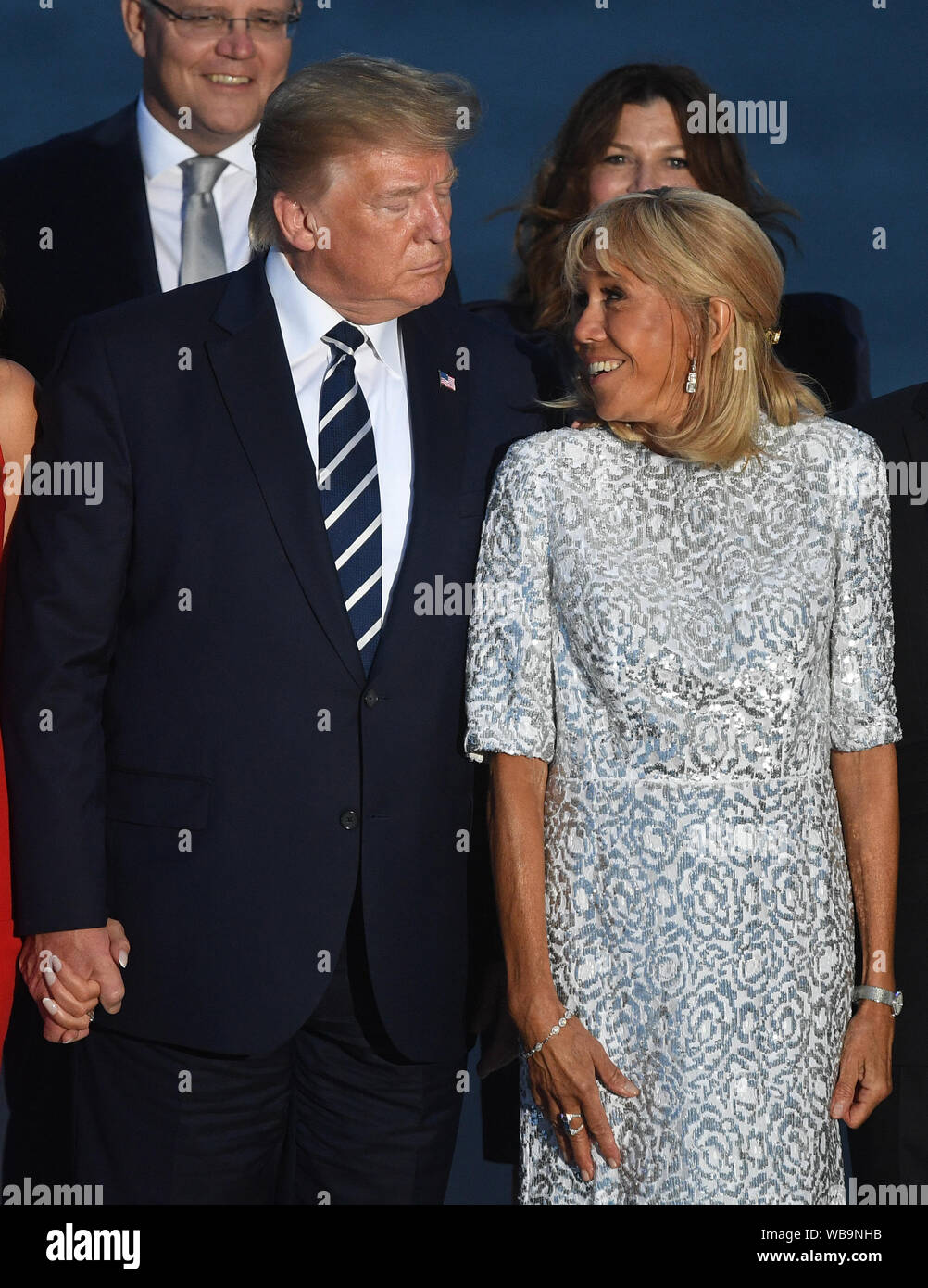 Melania Trump, US President Donald Trump and Brigitte Macron, the wife of  French President Emmanuel Macron join other World Leaders for the family  photo at the G7 Summit in Biarritz, France Stock