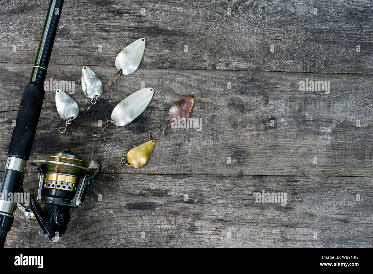 Spoon shaped spinners in various colors with spinning rod with coil on  vintage wooden background. The concept of choosing bait for different  fishing c Stock Photo - Alamy