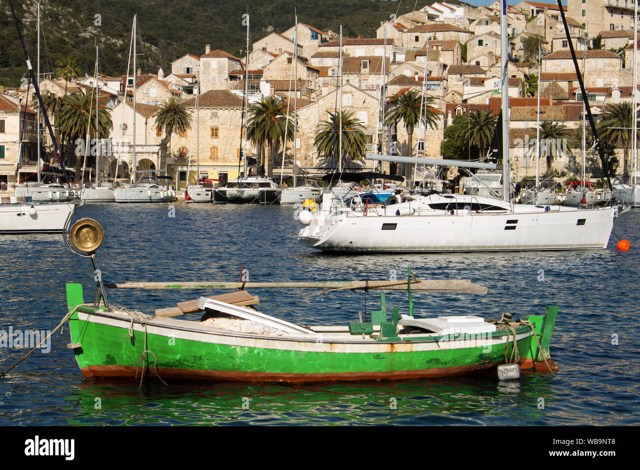 Hvar town marina with different boats in it, Croatia Stock Photo