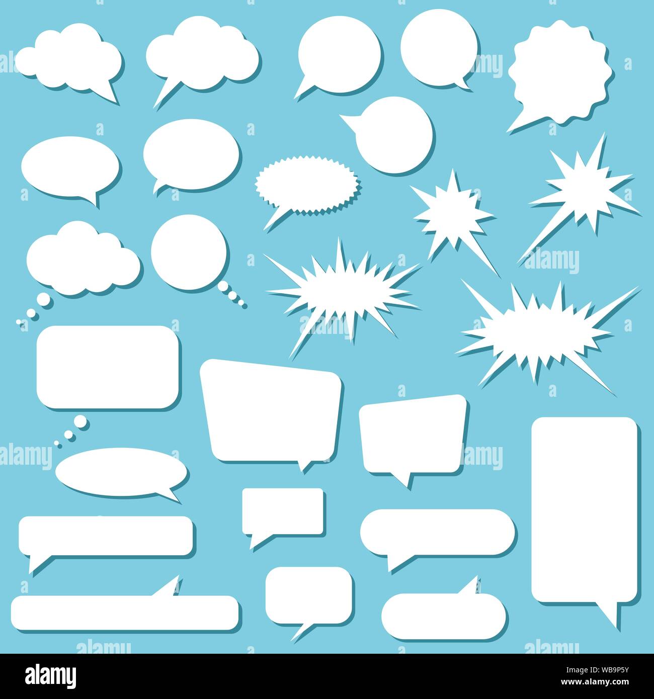 White speech bubbles set isolated on blue background. Stock Vector