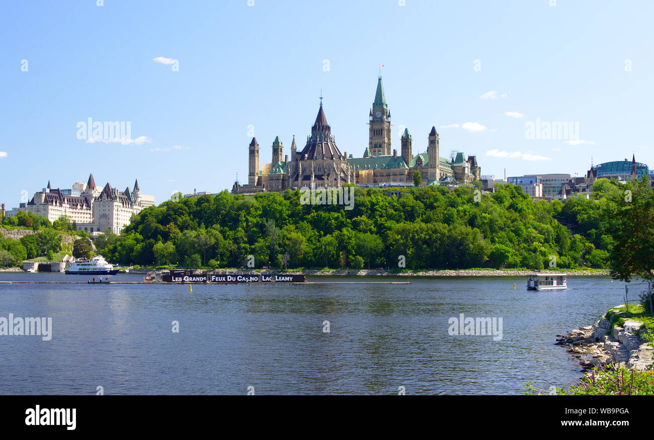 View of Parliament Hill from the lawn of the Canadian Museum of History, Gatineau, Quebec. Stock Photo