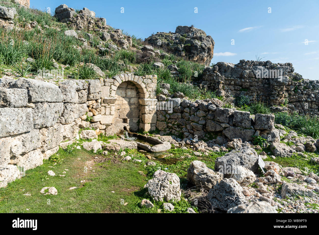 Watercourse and fountain in Silyon ancient city in Antalya province of Turkey. Stock Photo