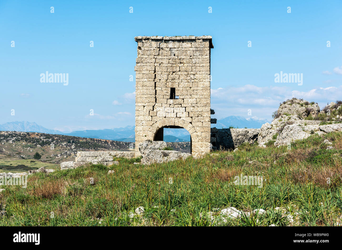 Ruined city gate in Silyon ancient city in Antalya province of Turkey. Stock Photo