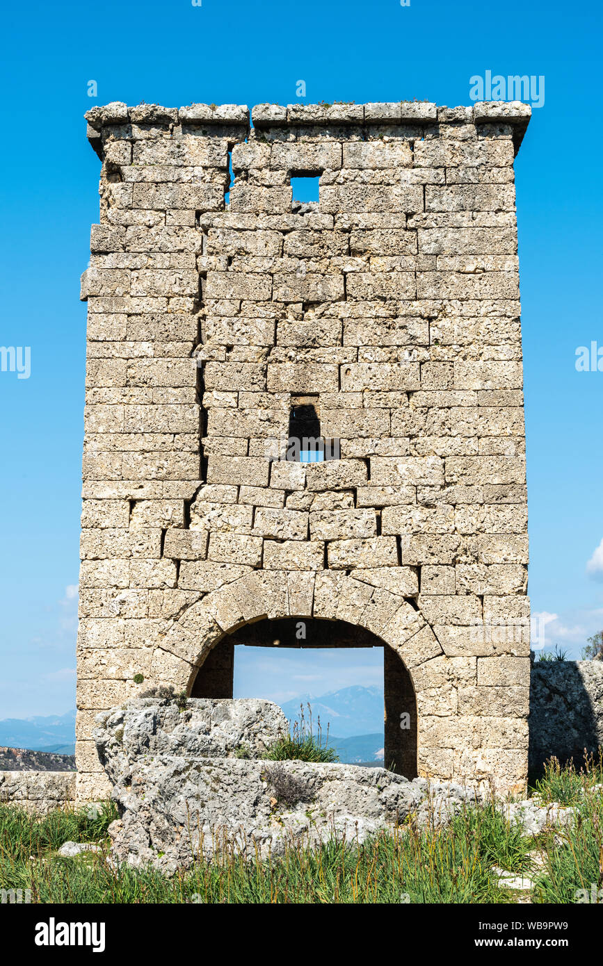 Ruined city gate in Silyon ancient city in Antalya province of Turkey. Stock Photo