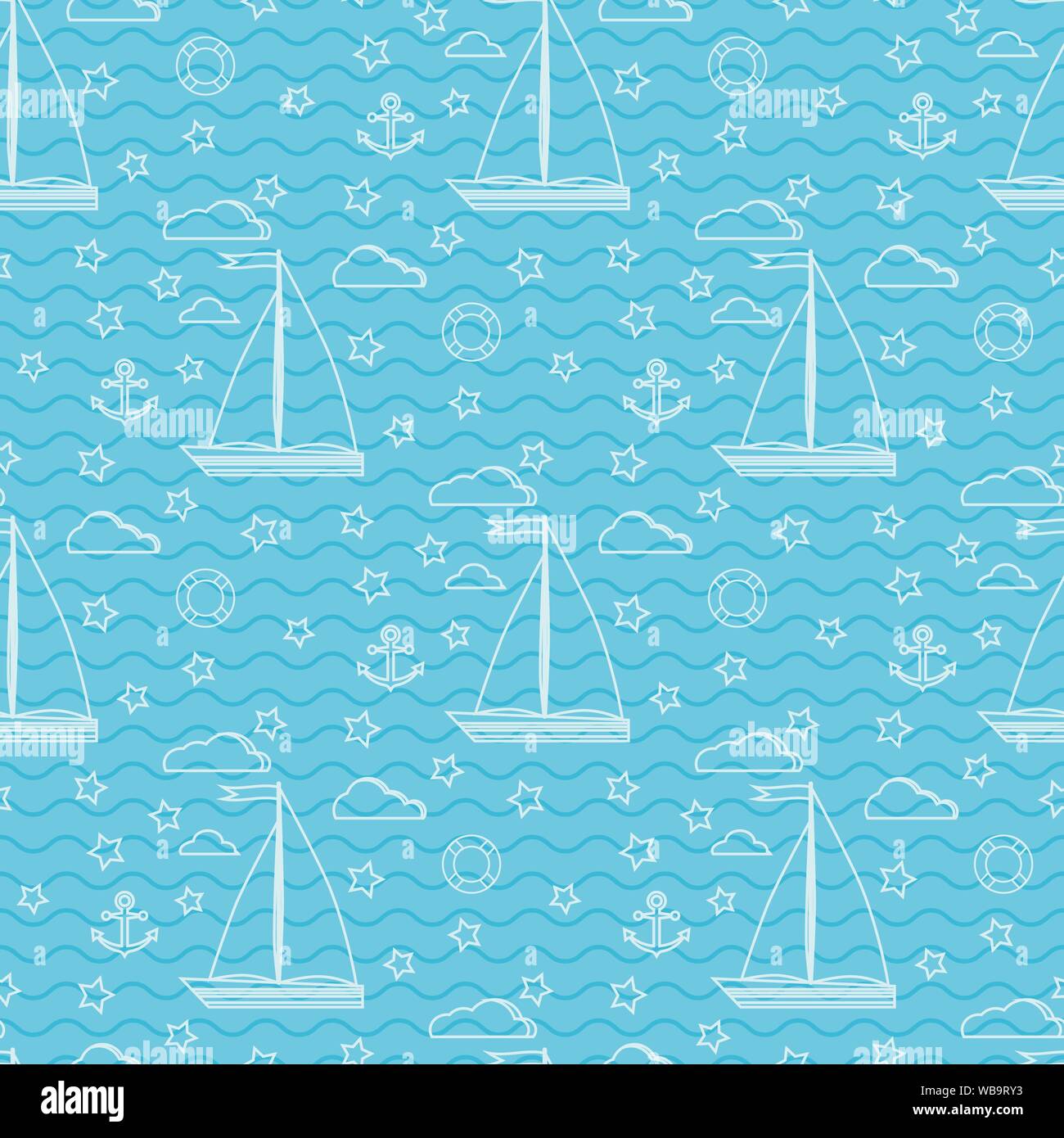Vector seamless marine pattern with two sails sailboat, clouds, anchor, lifebuoy Stock Vector
