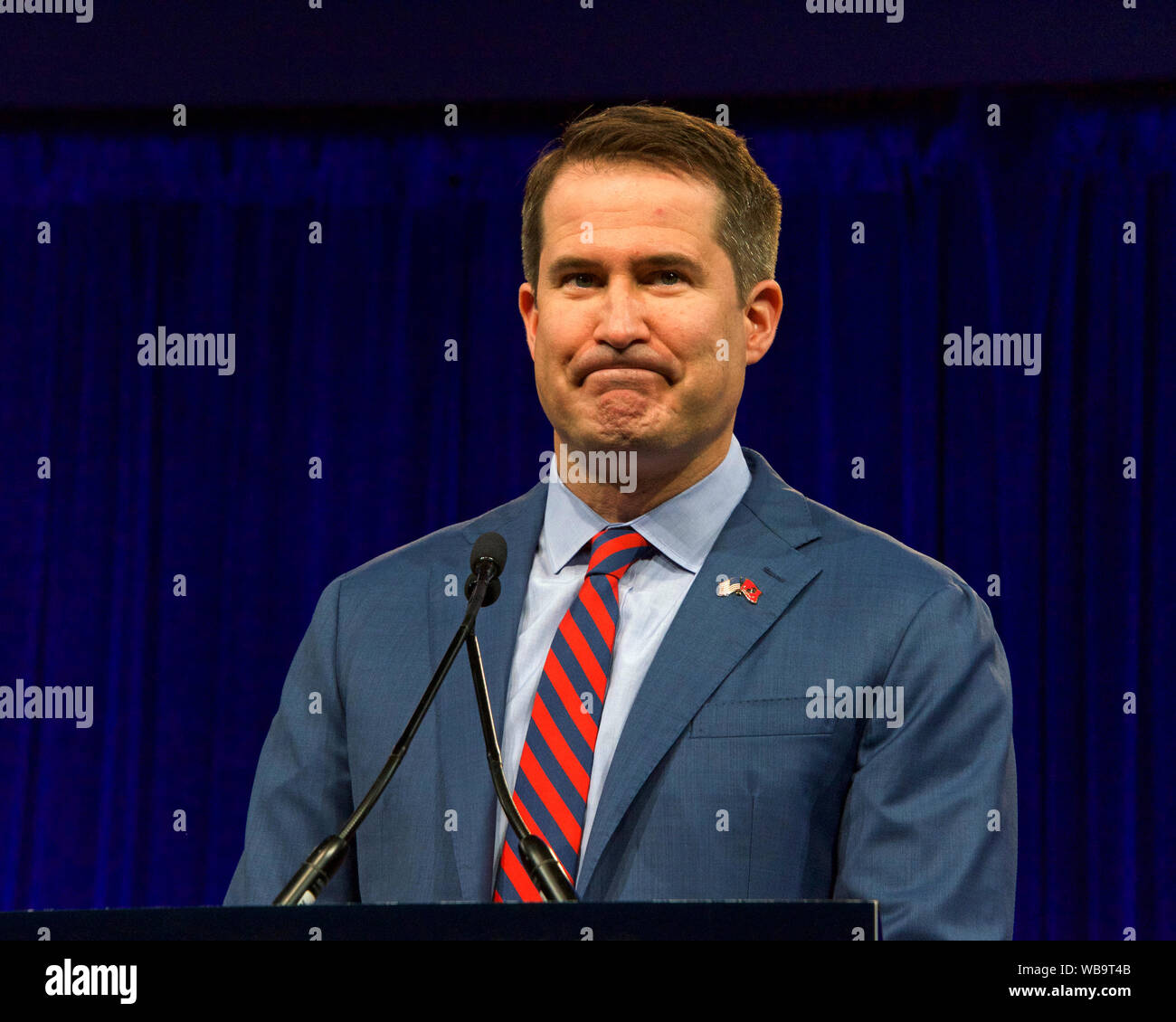 San Francisco, CA - August 23, 2019: Presidential candidate Seth Moulton speaking at the Democratic National Convention summer session, announcing his Stock Photo