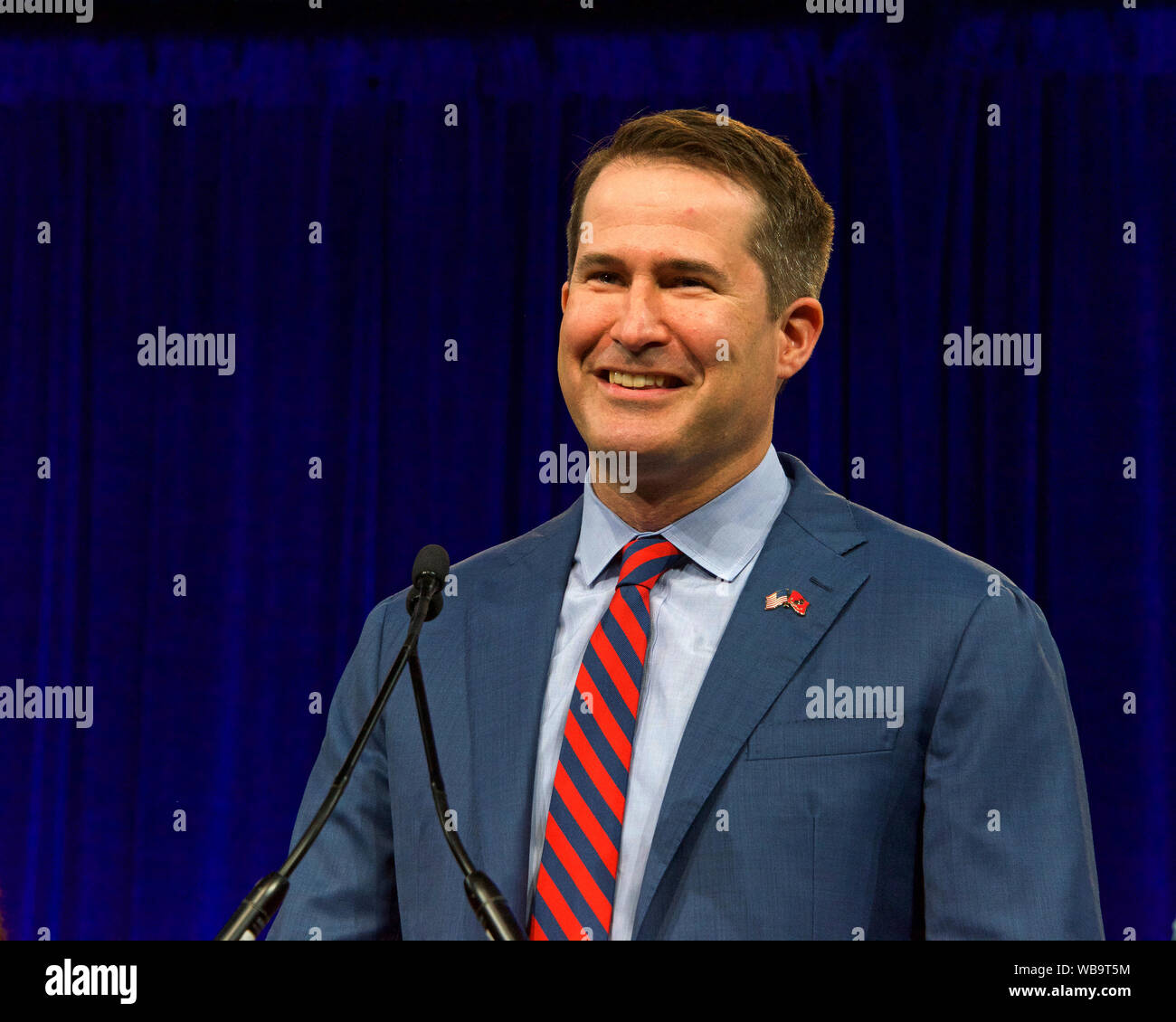 San Francisco, CA - August 23, 2019: Presidential candidate Seth Moulton speaking at the Democratic National Convention summer session, announcing his Stock Photo