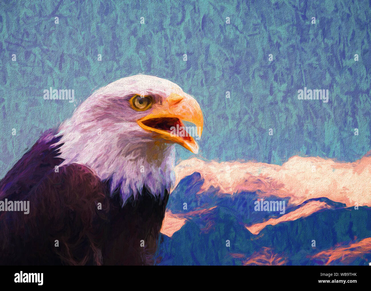 Portrait of Bald Eagle in high mountains, painting. Stock Photo