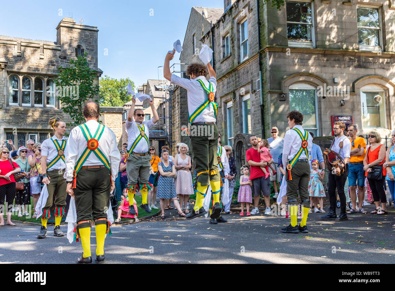 Morris dancing at the Saddleworth Rushcart Festival in the village of Uppermill, England. Stock Photo