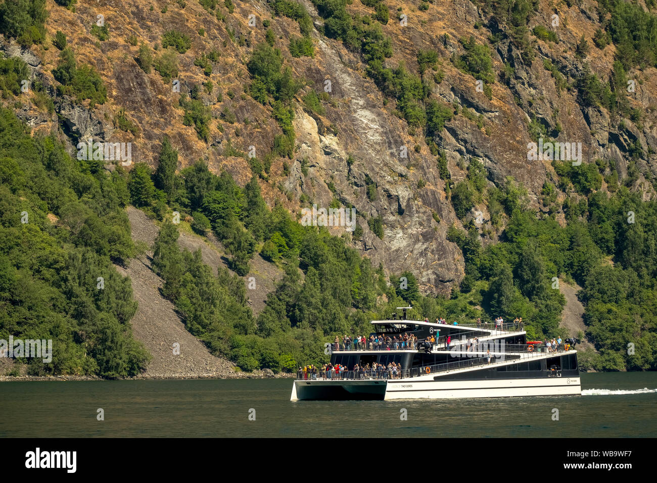 catamaran, The Fjords, excursion ship, fjord, Nærøyfjorden, rock faces, trees, Styvi, Sogn og Fjordane, Norway, Scandinavia, Europe, NOR, travel, tour Stock Photo