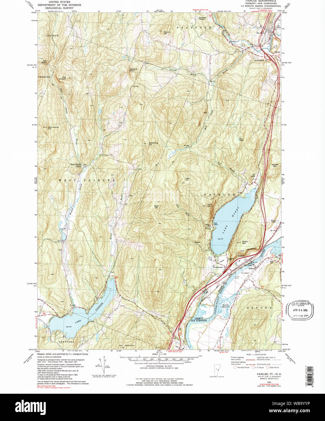 USGS Topo Map  Vermont VT Fairlee 337424 1981 24000 Restoration Stock Photo