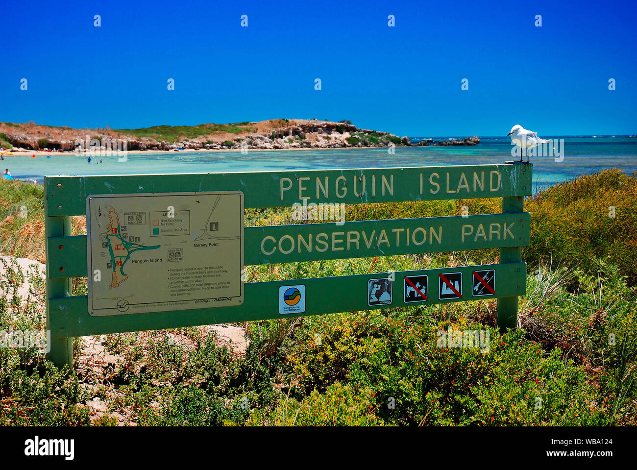 Penguin Island Conservation Park sign. The island is home to Western