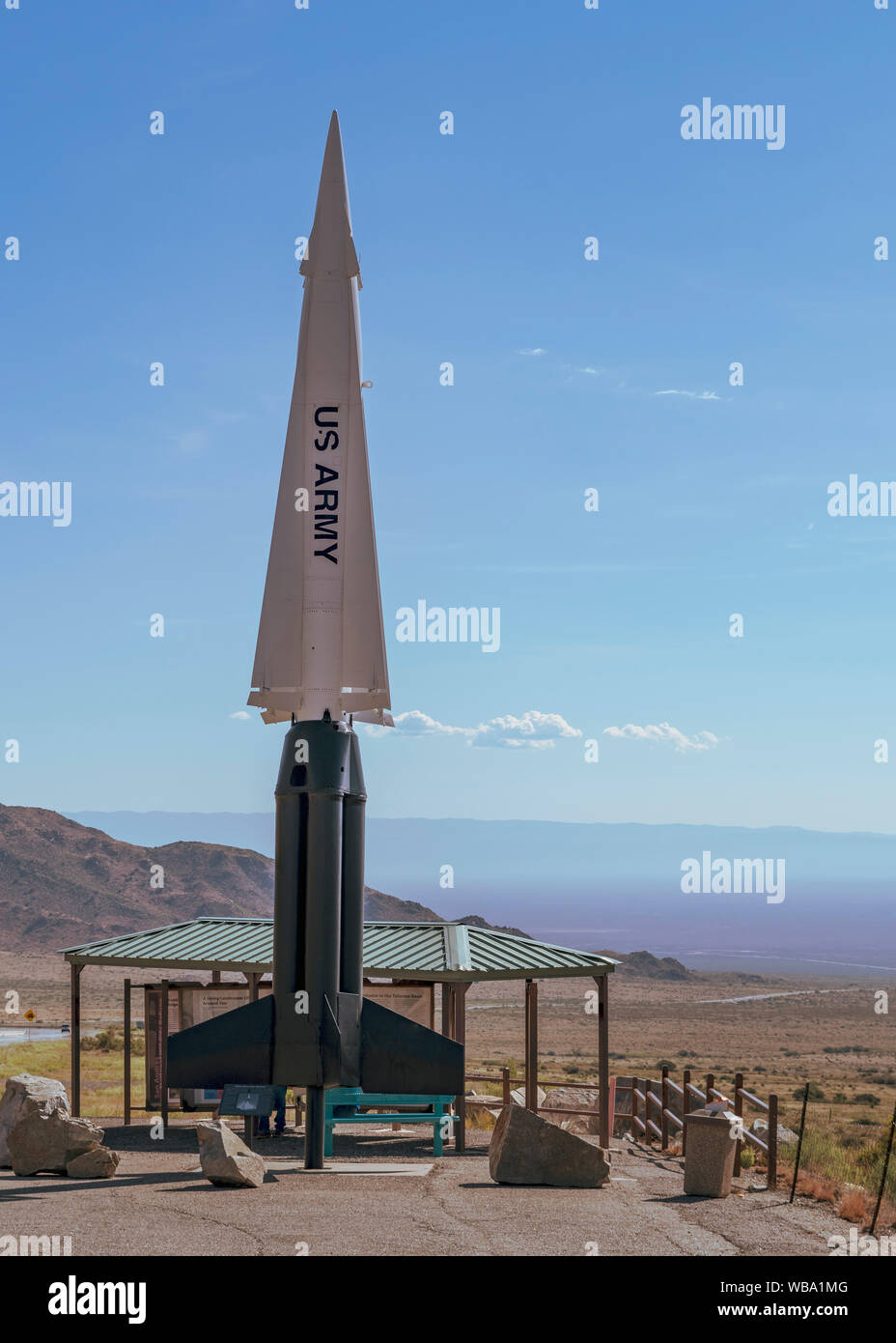 Nike Hercules Missile at the San Augustin Pass pullout overlooking the Tularosa Basin and White Sands Missile Range, near Las Cruces, New Mexico, USA. Stock Photo