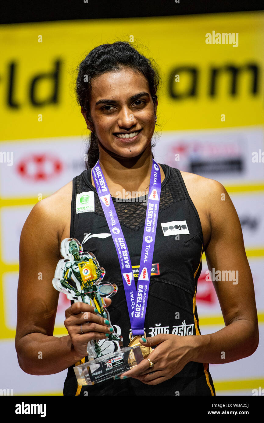 Pusarla V. Sindhu ok India during the BWF World Badminton Championships 2019, Womens Singles Medal Ceremony at the St