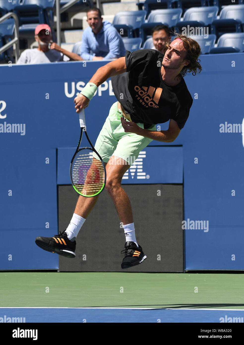 New York, USA. 25th Aug, 2019. Flushing Meadows New York US Open Tennis 25/08/2019 Stefanos Tsitsipas (GRE) practices today on Louis Armstrong Court Credit: Roger Parker/Alamy Live News Stock Photo